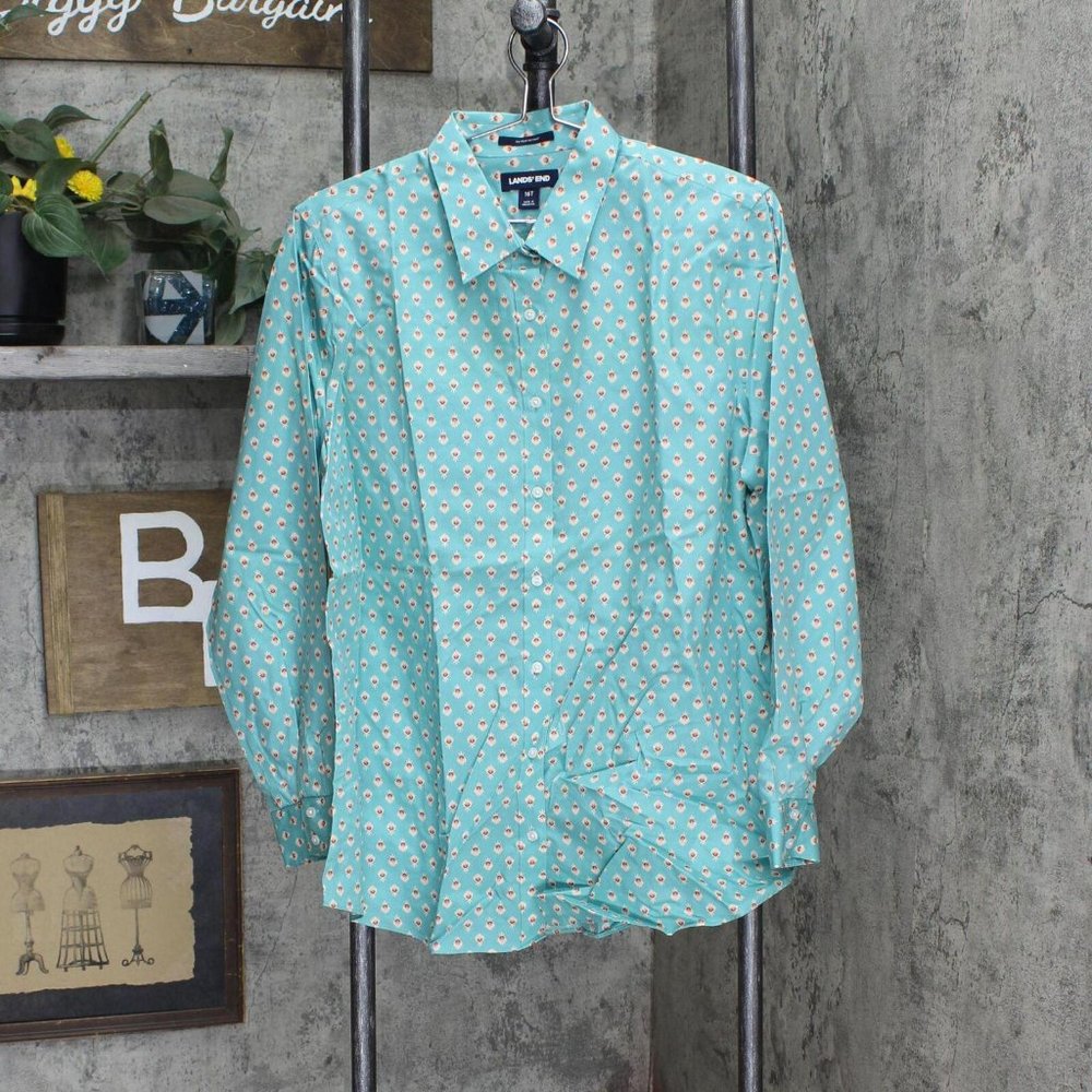 Lands' End Aqua Blue Button-Up Blouse with Small Floral Print